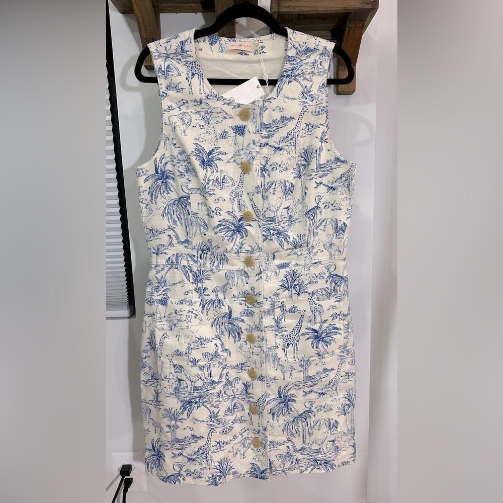 NWT Tory Burch Safari Printed Linen Shift Dress Ivory & Blue 10 - Picture 5 of 16